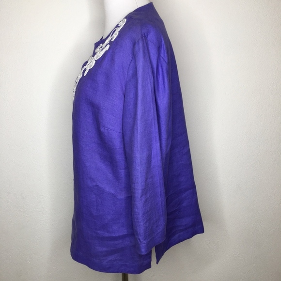 Talbots Medium Petite Linen V Neck Blouse Blue - Picture 5 of 8